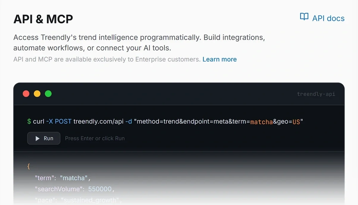 Treendly API documentation for pulling trend data programmatically.
